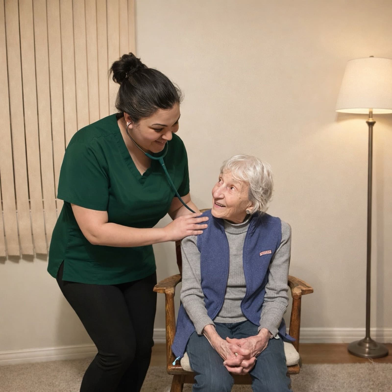 A nurse caring for a smiling elderly woman at home